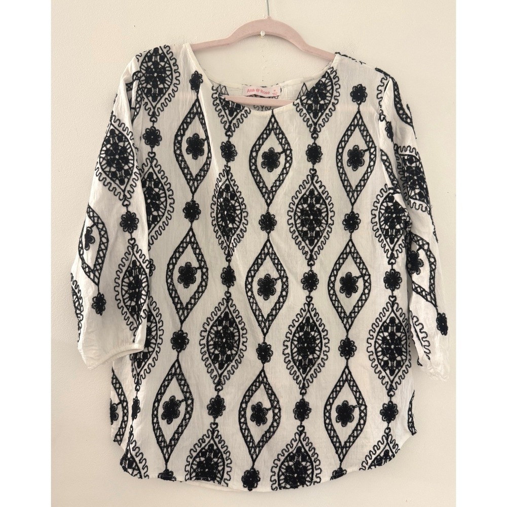 Ana & Rose Womens White Black Embroidered Geometric Boho Blouse Top Size M Boho